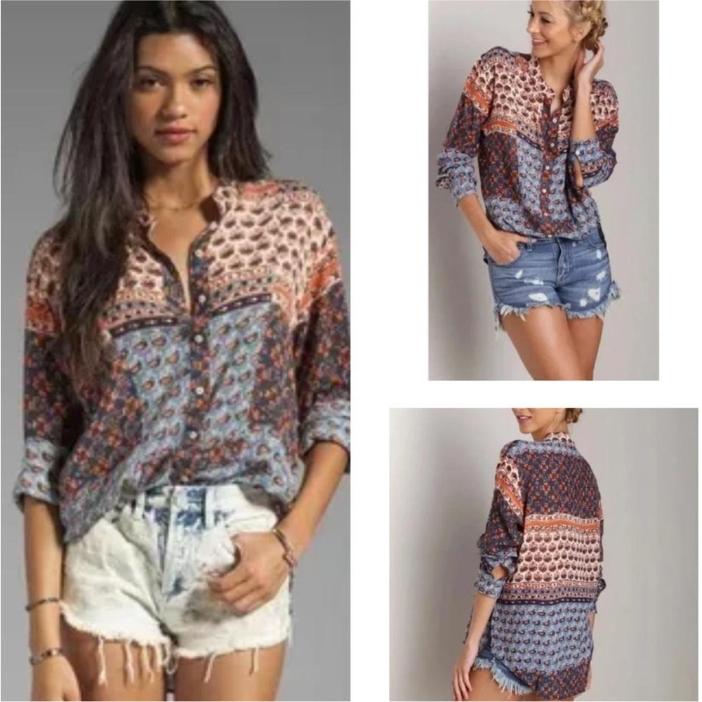 Free People Caravan Block Print Button Front Blouse Top S